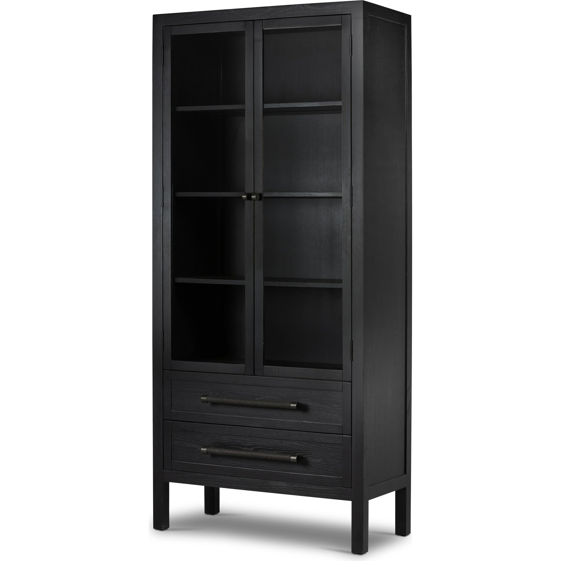 Laker Cabinet by Four Hands in black oak. Made from solid oak, rush, oak veneer in a cottage & farmhouse style.