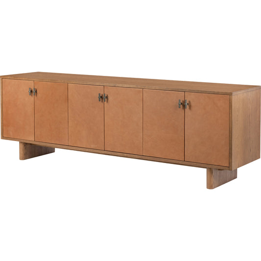 Posada Media Console by Four Hands in amber oak. Made from oak veneer, top grain leather, solid oak in a modern style.
