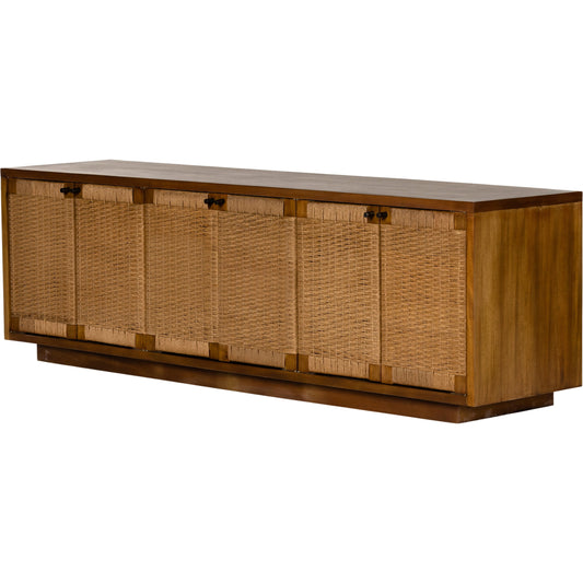 Macklin Media Console by Four Hands in light mahogany. Made from rush, solid mahogany, mahogany veneer in a modern style.