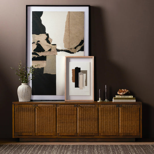 Macklin Media Console by Four Hands in light mahogany. Made from rush, solid mahogany, mahogany veneer in a modern style.
