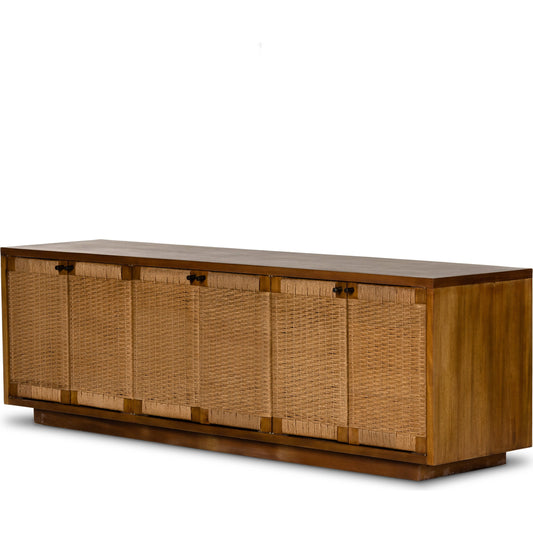 Macklin Media Console by Four Hands in light mahogany. Made from rush, solid mahogany, mahogany veneer in a modern style.