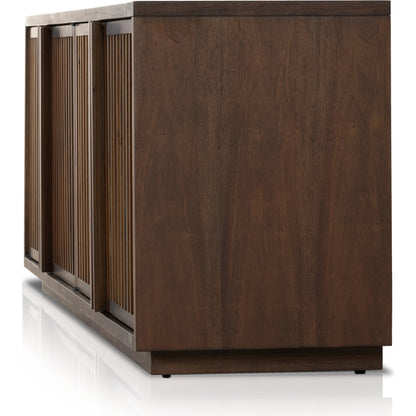 Nyland Media Console by Four Hands in black mahogany. Made from mahogany veneer, solid mahogany, sugar palm in a modern style.