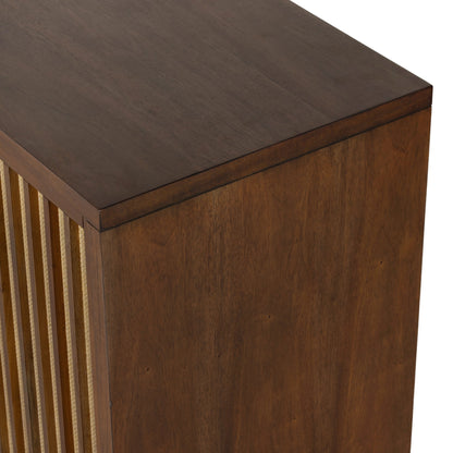 Nyland Media Console by Four Hands in black mahogany. Made from mahogany veneer, solid mahogany, sugar palm in a modern style.