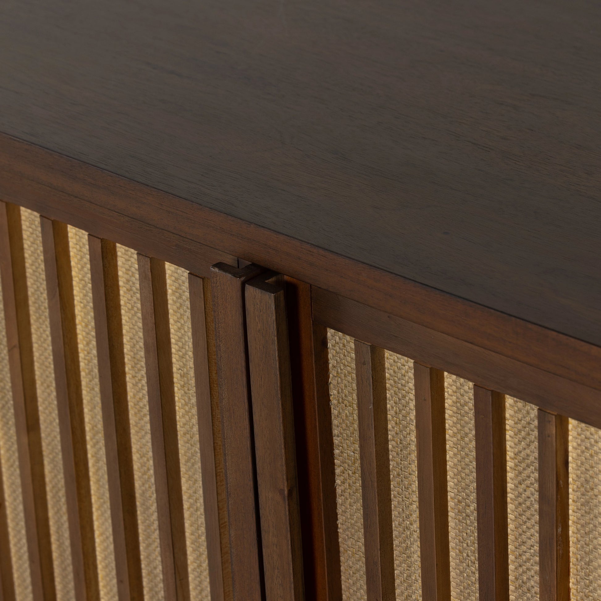 Nyland Media Console by Four Hands in black mahogany. Made from mahogany veneer, solid mahogany, sugar palm in a modern style.