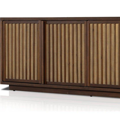 Nyland Media Console by Four Hands in black mahogany. Made from mahogany veneer, solid mahogany, sugar palm in a modern style.