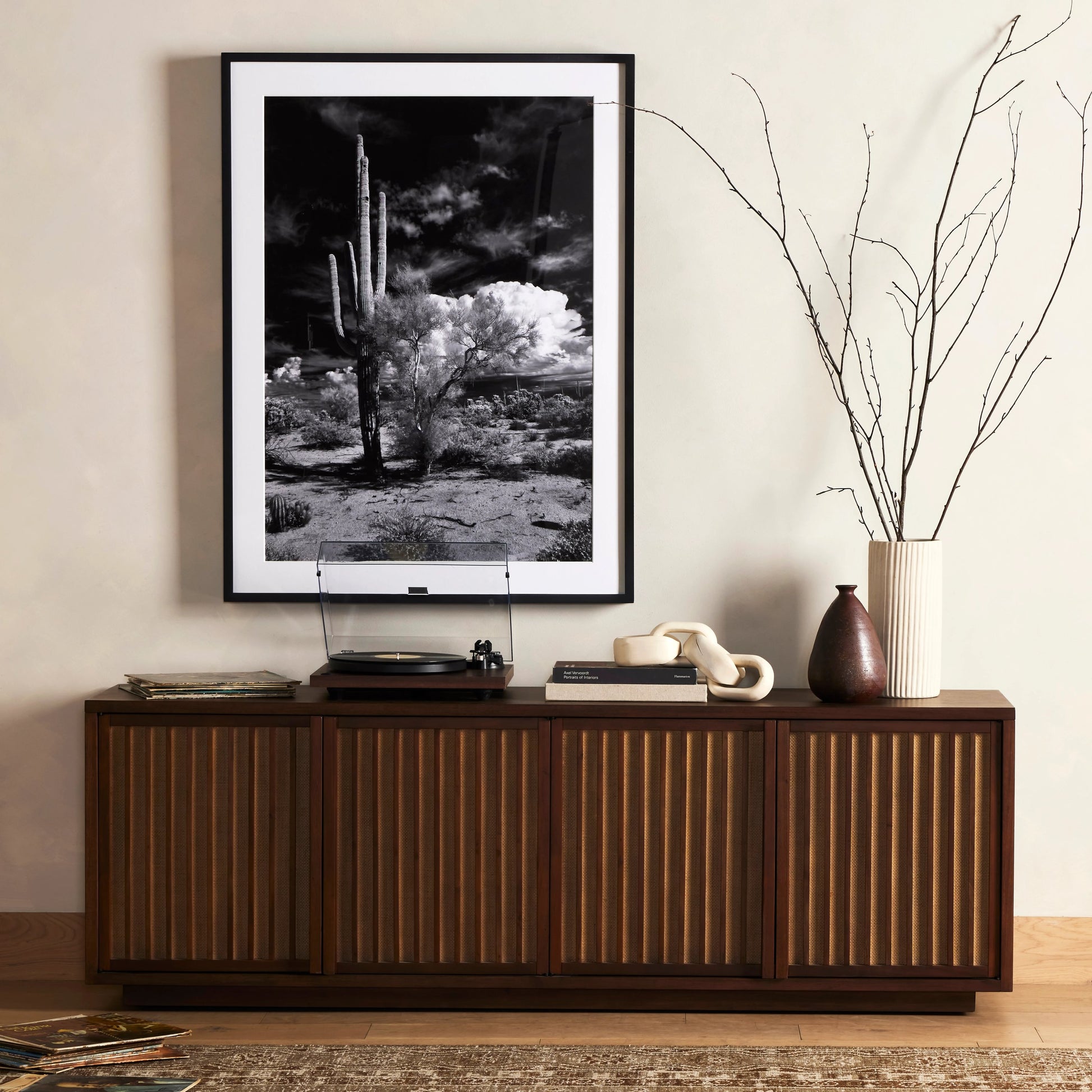 Nyland Media Console by Four Hands in black mahogany. Made from mahogany veneer, solid mahogany, sugar palm in a modern style.