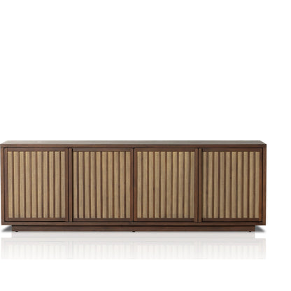 Nyland Media Console by Four Hands in black mahogany. Made from mahogany veneer, solid mahogany, sugar palm in a modern style.