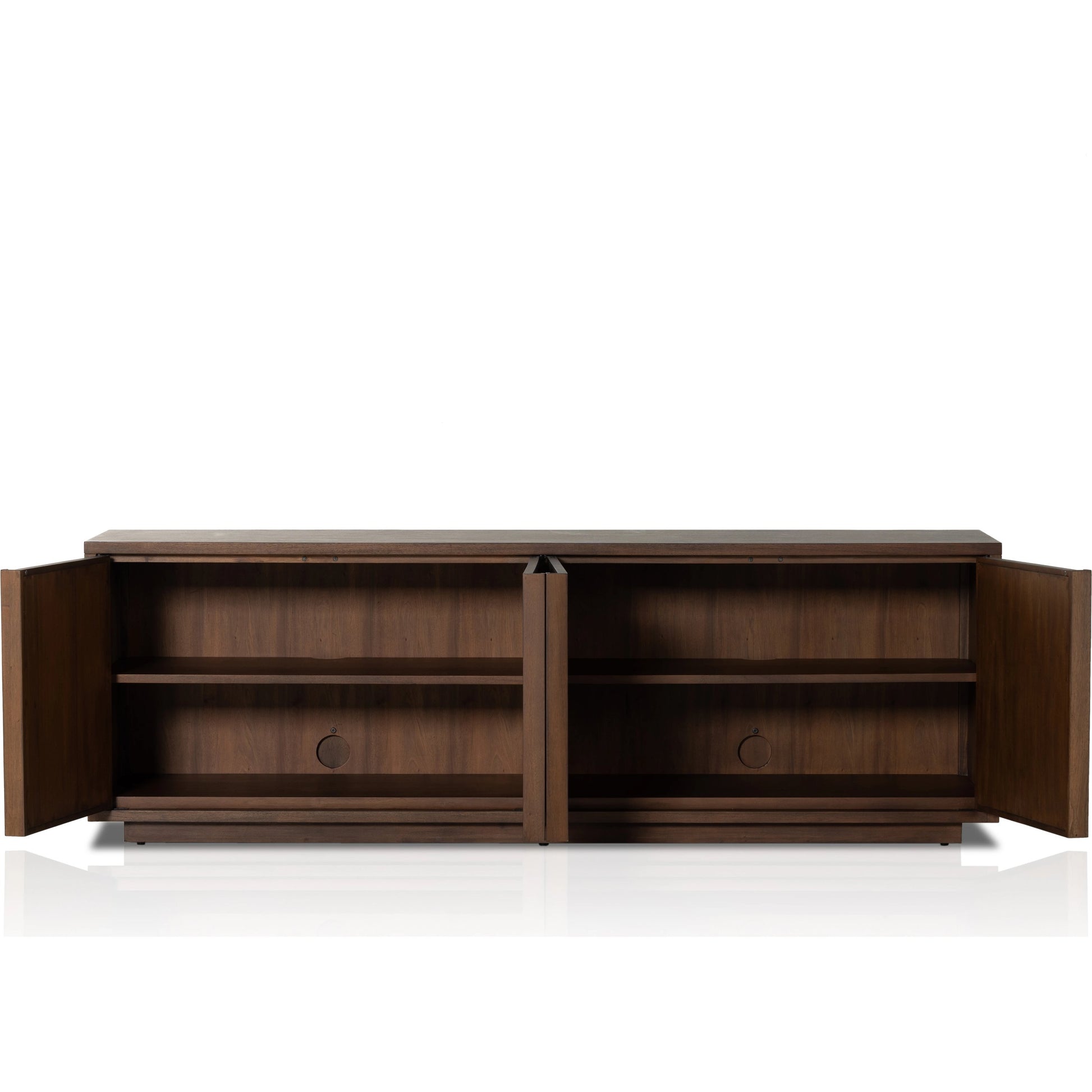 Nyland Media Console by Four Hands in black mahogany. Made from mahogany veneer, solid mahogany, sugar palm in a modern style.