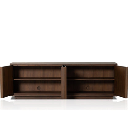Nyland Media Console by Four Hands in black mahogany. Made from mahogany veneer, solid mahogany, sugar palm in a modern style.