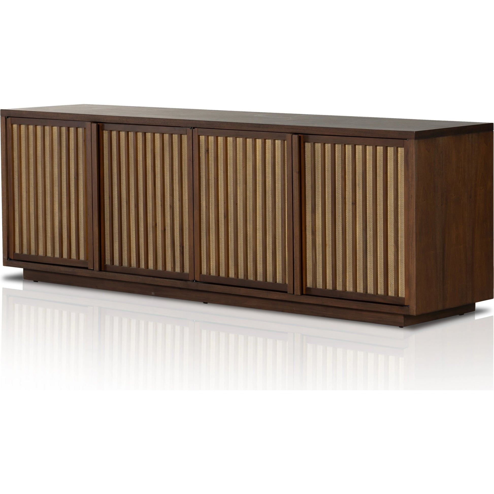 Nyland Media Console by Four Hands in black mahogany. Made from mahogany veneer, solid mahogany, sugar palm in a modern style.