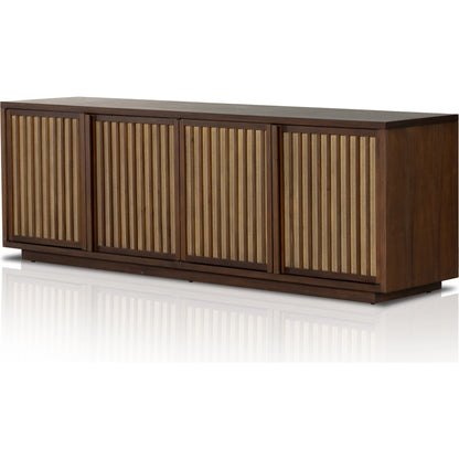 Nyland Media Console by Four Hands in black mahogany. Made from mahogany veneer, solid mahogany, sugar palm in a modern style.