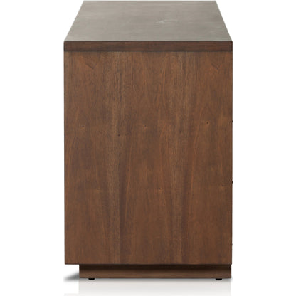 Nyland Media Console by Four Hands in black mahogany. Made from mahogany veneer, solid mahogany, sugar palm in a modern style.