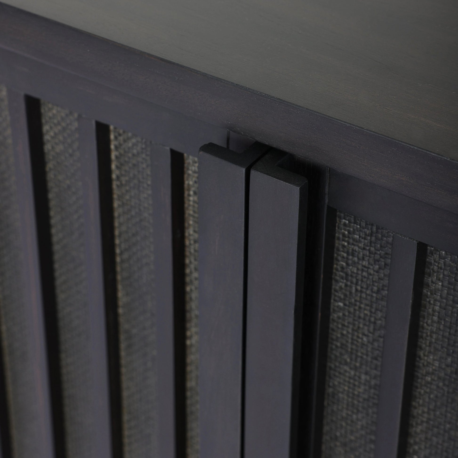 Nyland Media Console by Four Hands in black mahogany. Made from mahogany veneer, solid mahogany, sugar palm in a modern style.