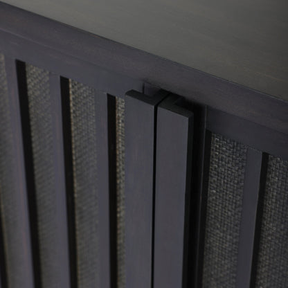 Nyland Media Console by Four Hands in black mahogany. Made from mahogany veneer, solid mahogany, sugar palm in a modern style.