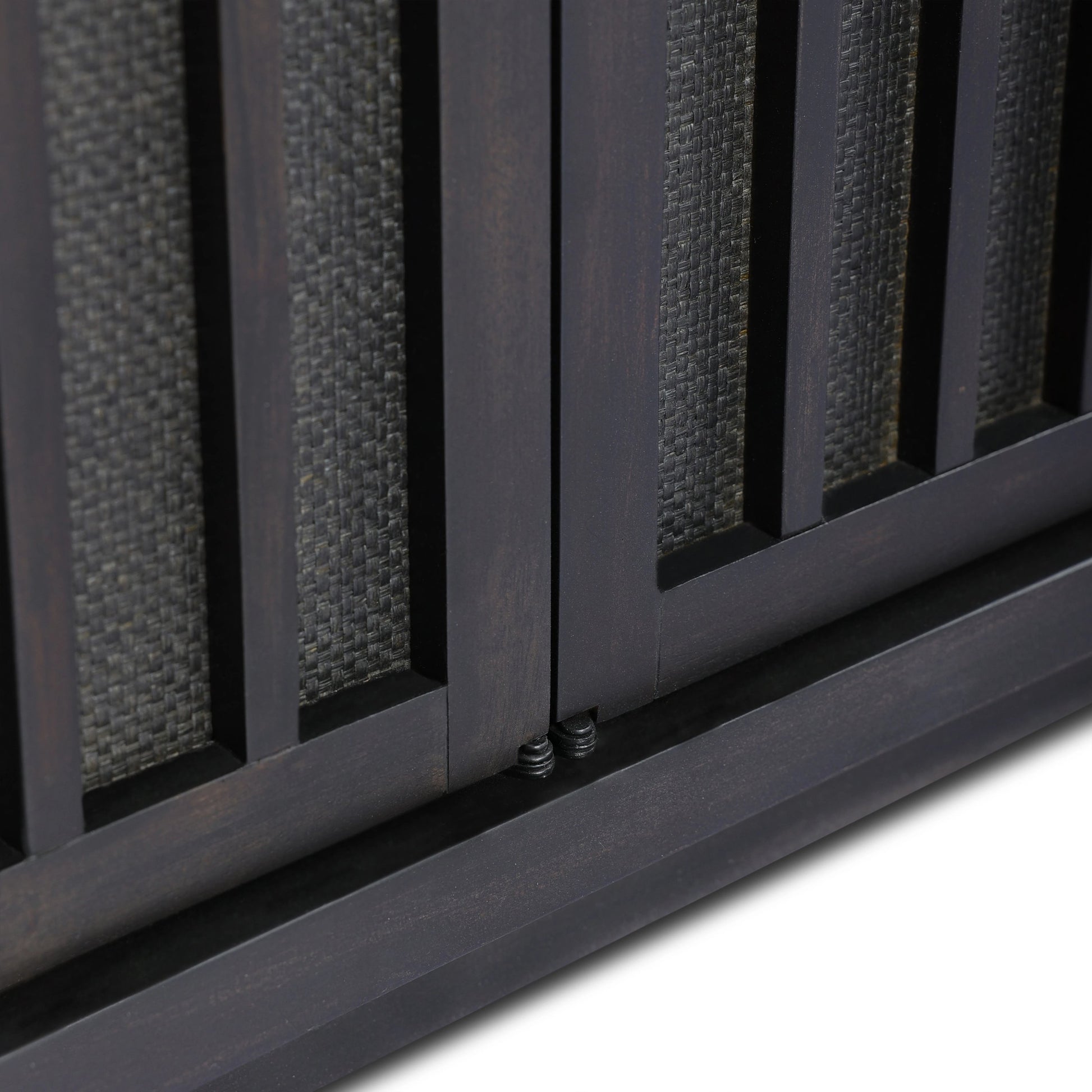 Nyland Media Console by Four Hands in black mahogany. Made from mahogany veneer, solid mahogany, sugar palm in a modern style.