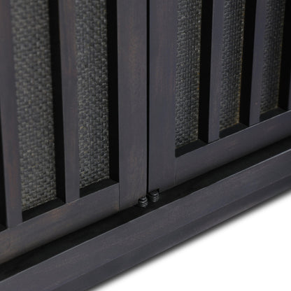 Nyland Media Console by Four Hands in black mahogany. Made from mahogany veneer, solid mahogany, sugar palm in a modern style.