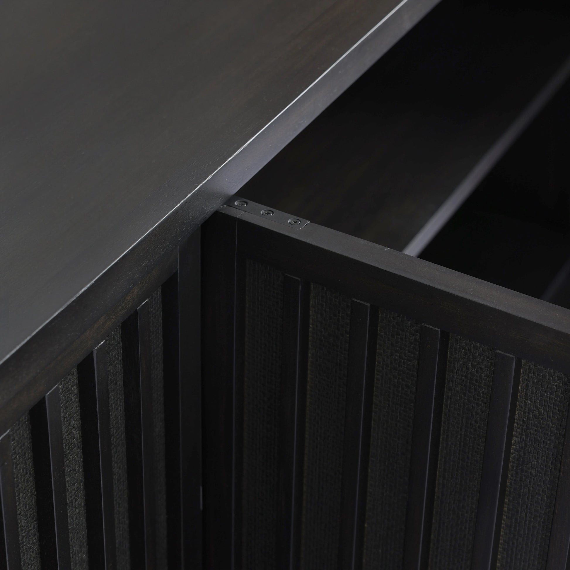 Nyland Media Console by Four Hands in black mahogany. Made from mahogany veneer, solid mahogany, sugar palm in a modern style.