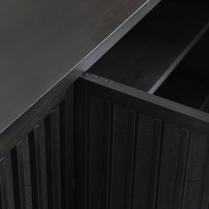 Nyland Media Console by Four Hands in black mahogany. Made from mahogany veneer, solid mahogany, sugar palm in a modern style.