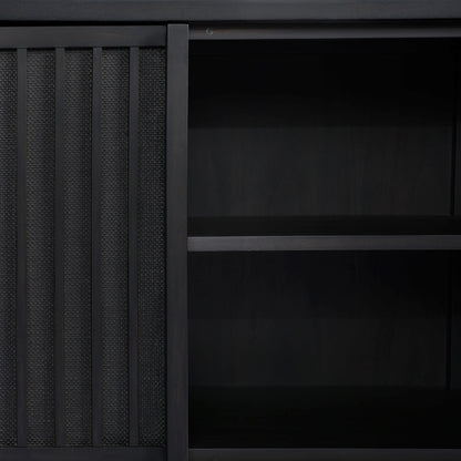 Nyland Media Console by Four Hands in black mahogany. Made from mahogany veneer, solid mahogany, sugar palm in a modern style.