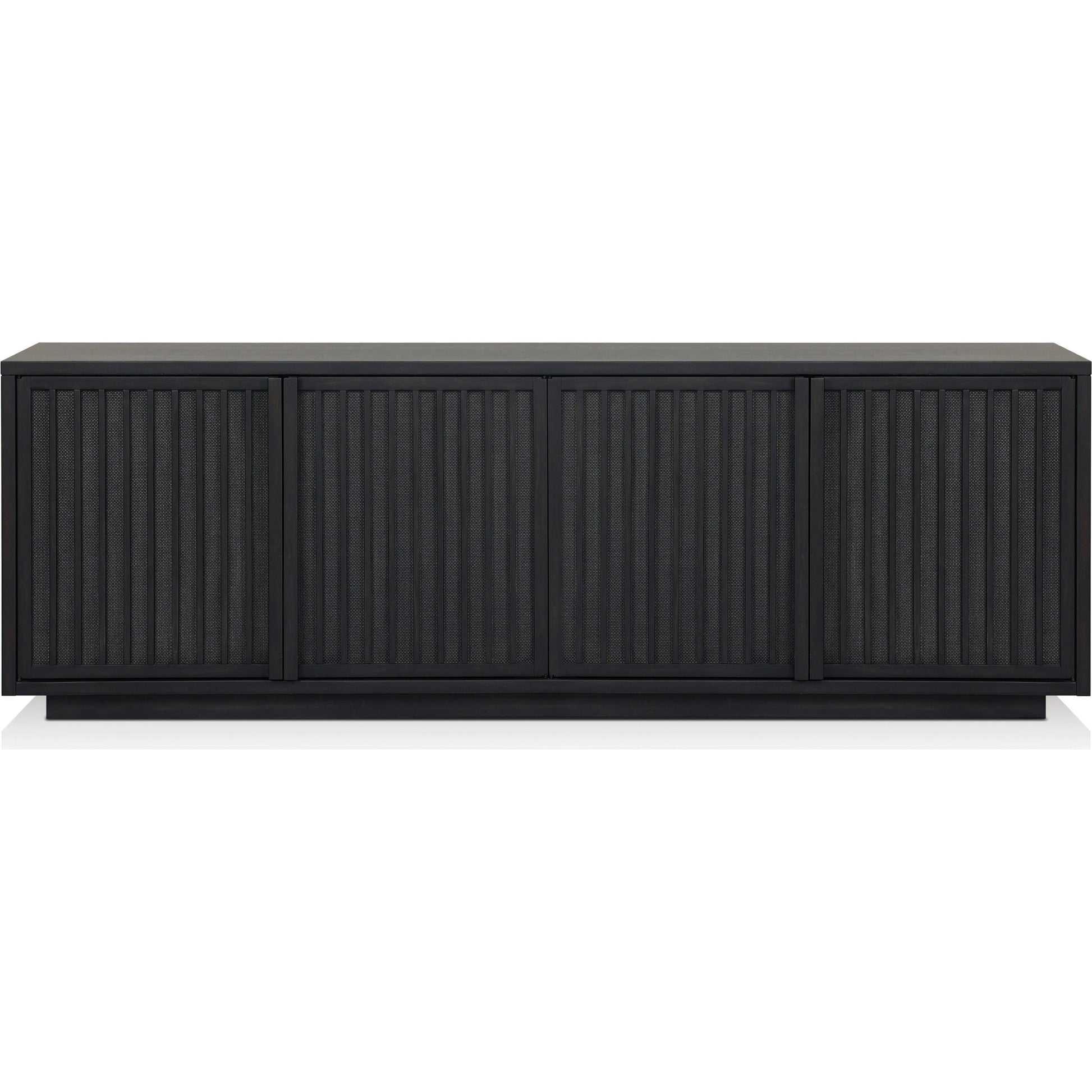 Nyland Media Console by Four Hands in black mahogany. Made from mahogany veneer, solid mahogany, sugar palm in a modern style.