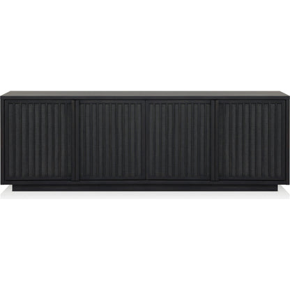 Nyland Media Console by Four Hands in black mahogany. Made from mahogany veneer, solid mahogany, sugar palm in a modern style.