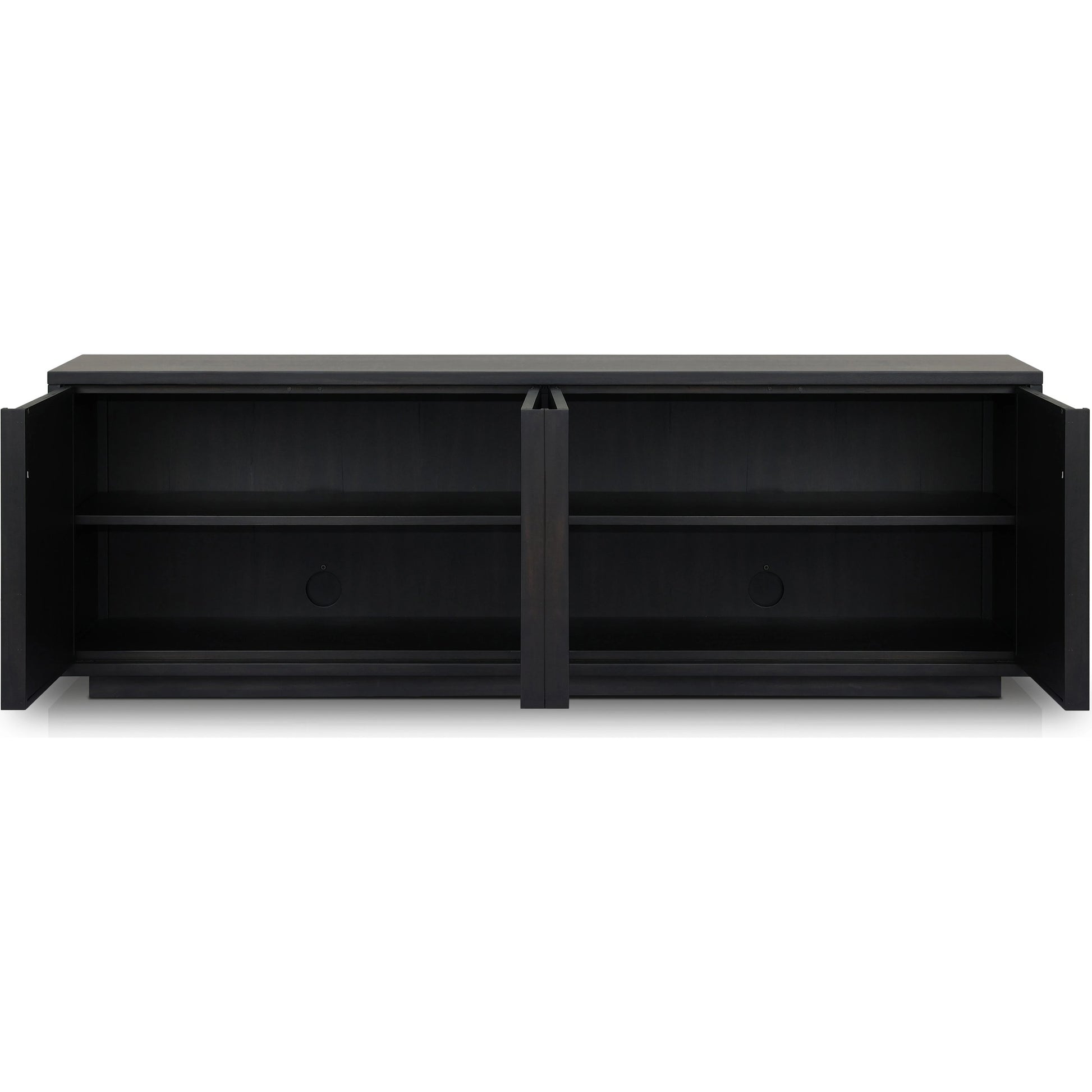 Nyland Media Console by Four Hands in black mahogany. Made from mahogany veneer, solid mahogany, sugar palm in a modern style.