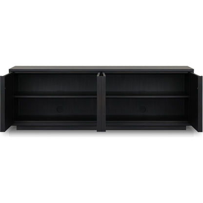 Nyland Media Console by Four Hands in black mahogany. Made from mahogany veneer, solid mahogany, sugar palm in a modern style.