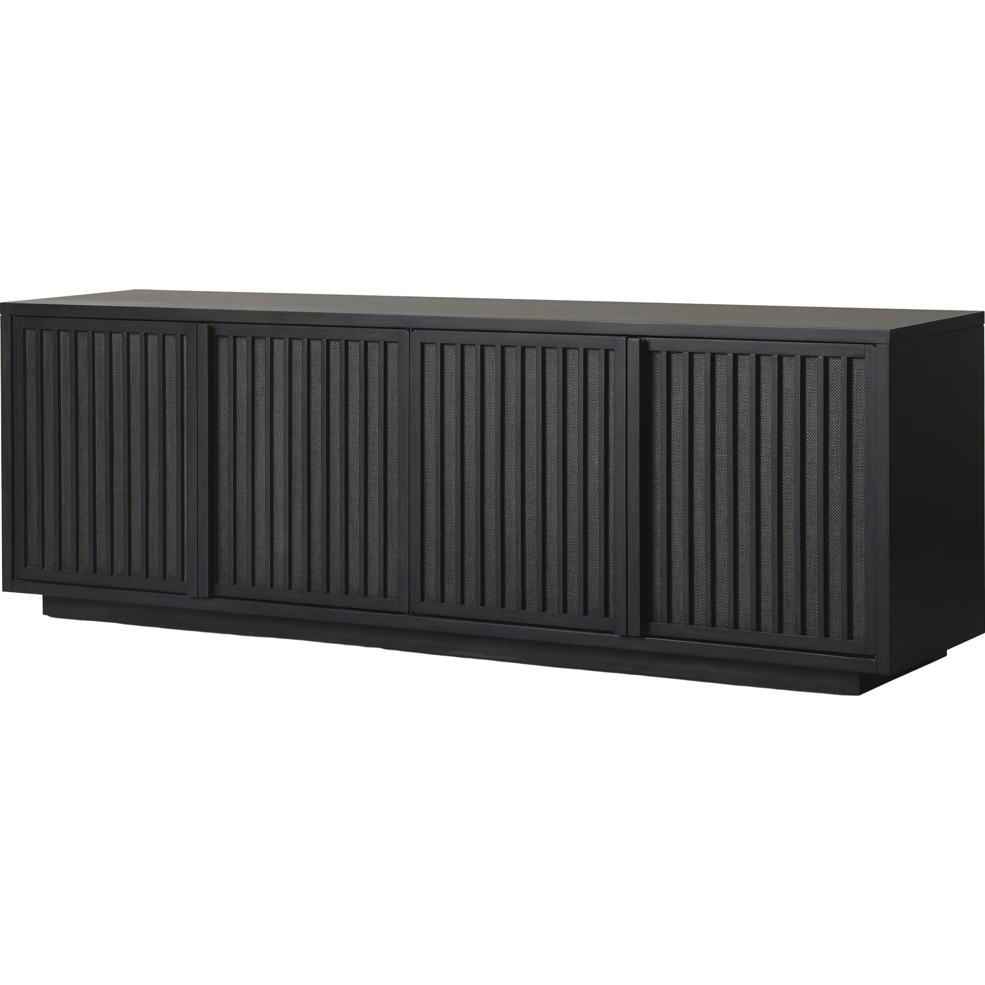 Nyland Media Console by Four Hands in black mahogany. Made from mahogany veneer, solid mahogany, sugar palm in a modern style.