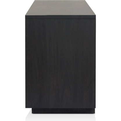 Nyland Media Console by Four Hands in black mahogany. Made from mahogany veneer, solid mahogany, sugar palm in a modern style.