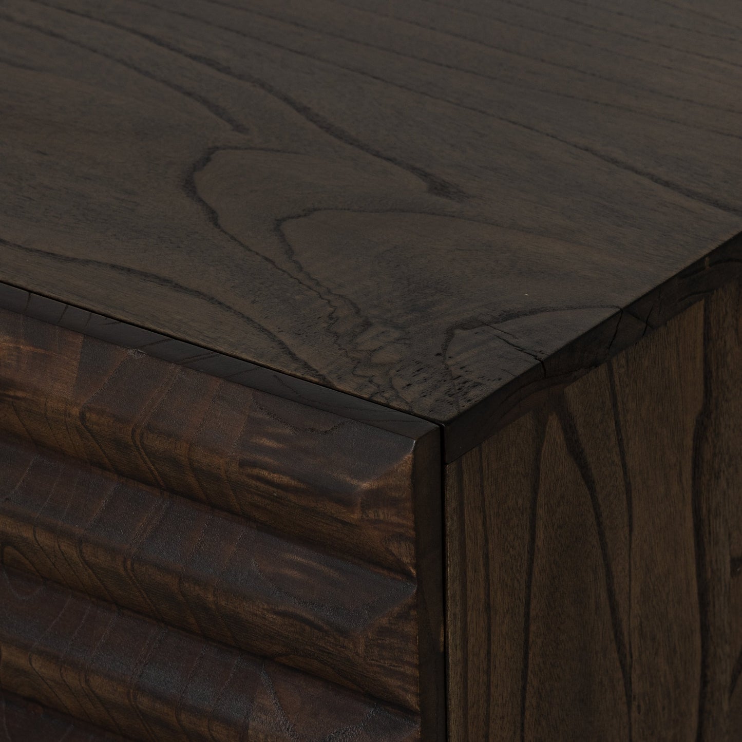 015 SI-1901741 | Closeup | Tussac Media Console by Four Hands in matte brown neem. Made from solid neem wood in a transitional style.