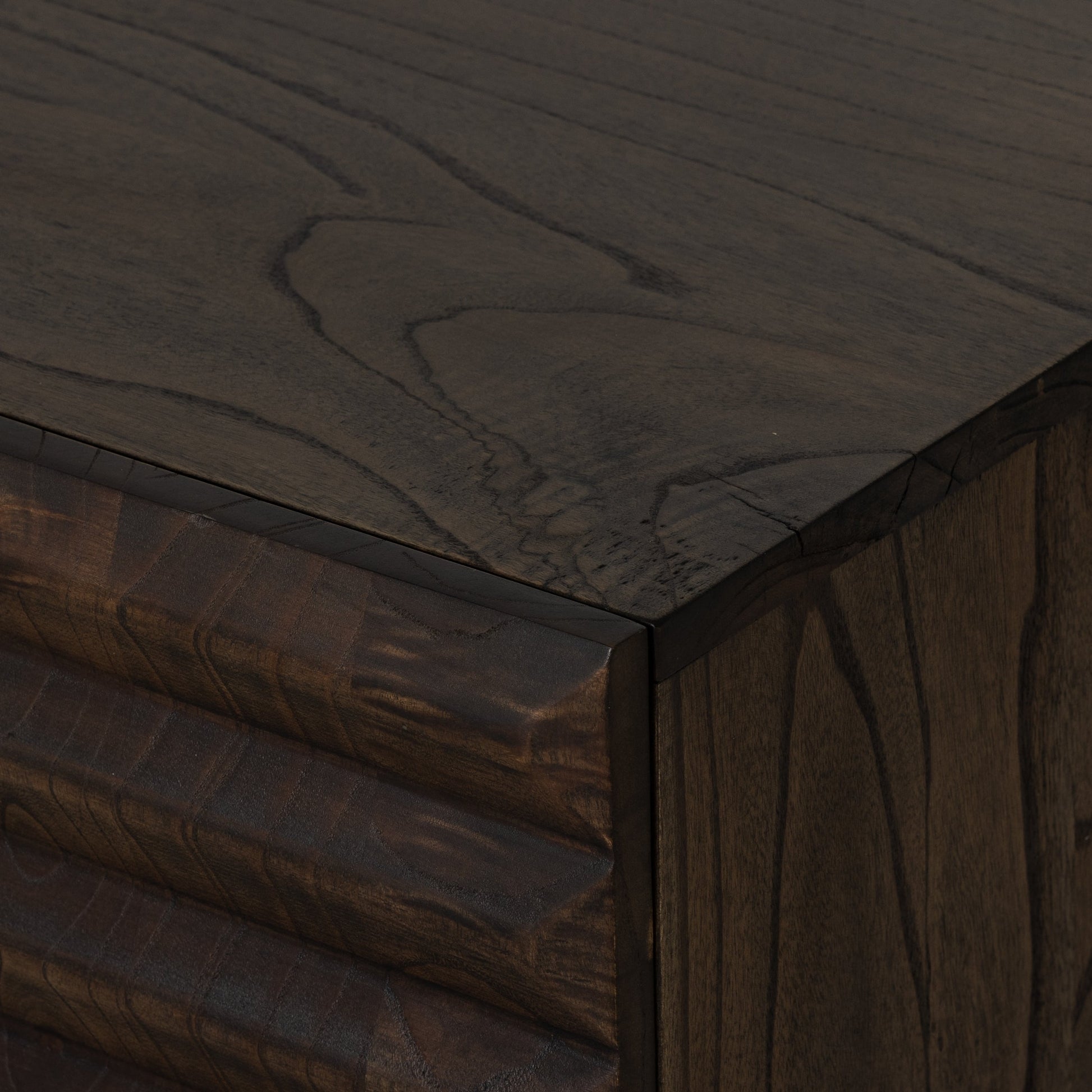 Tussac Media Console by Four Hands in matte brown neem. Made from solid neem wood in a transitional style.