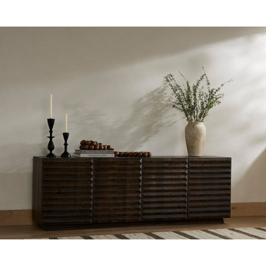 Tussac Media Console by Four Hands in matte brown neem. Made from solid neem wood in a transitional style.