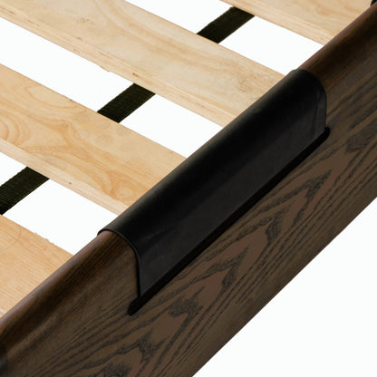 Halston Bed by Four Hands in heirloom sienna, terra brown ash, terra brown ash veneer. Made from top grain leather, solid ash, ash veneer in a modern style.