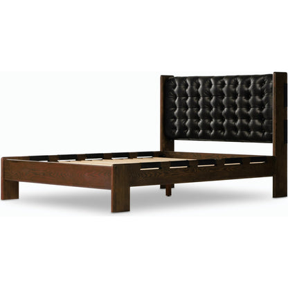 Halston Bed by Four Hands in heirloom sienna, terra brown ash, terra brown ash veneer. Made from top grain leather, solid ash, ash veneer in a modern style.