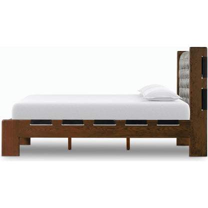 Halston Bed by Four Hands in heirloom sienna, terra brown ash, terra brown ash veneer. Made from top grain leather, solid ash, ash veneer in a modern style.