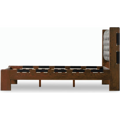 Halston Bed by Four Hands in heirloom sienna, terra brown ash, terra brown ash veneer. Made from top grain leather, solid ash, ash veneer in a modern style.