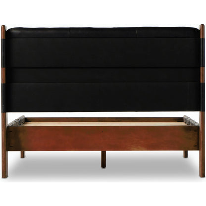 Halston Bed by Four Hands in heirloom sienna, terra brown ash, terra brown ash veneer. Made from top grain leather, solid ash, ash veneer in a modern style.