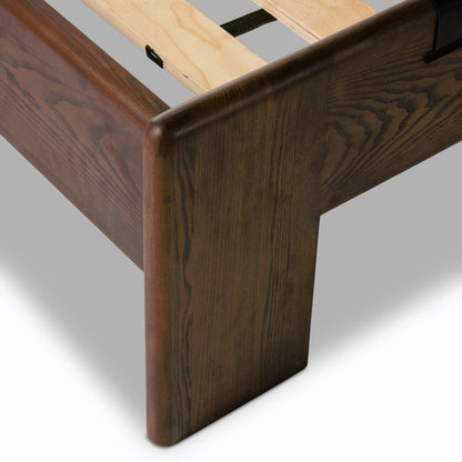 Halston Bed by Four Hands in heirloom sienna, terra brown ash, terra brown ash veneer. Made from top grain leather, solid ash, ash veneer in a modern style.