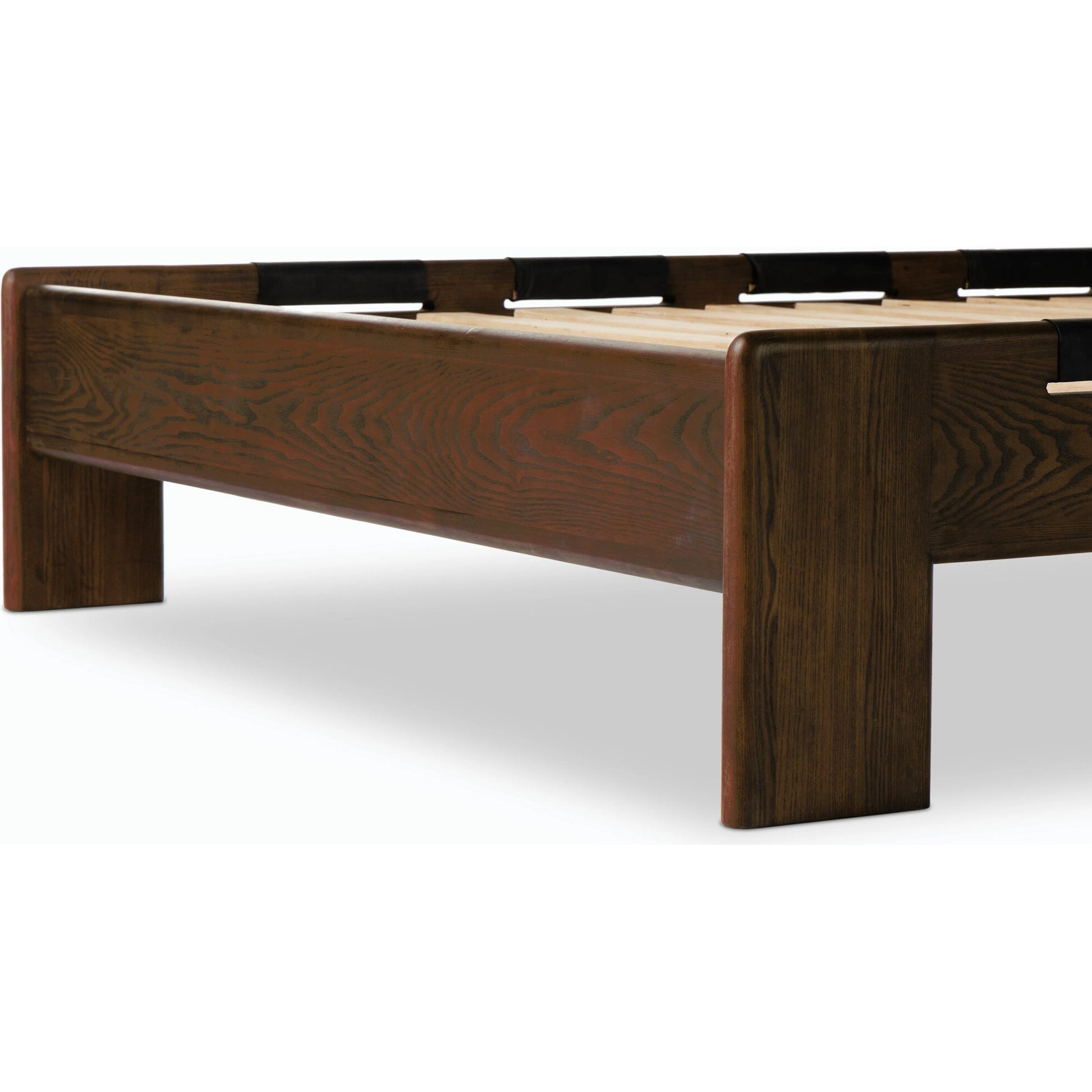 Halston Bed by Four Hands in heirloom sienna, terra brown ash, terra brown ash veneer. Made from top grain leather, solid ash, ash veneer in a modern style.