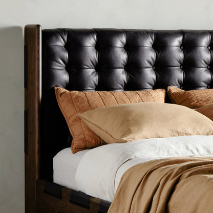 Halston Bed by Four Hands in heirloom sienna, terra brown ash, terra brown ash veneer. Made from top grain leather, solid ash, ash veneer in a modern style.
