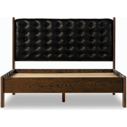 Halston Bed by Four Hands in heirloom sienna, terra brown ash, terra brown ash veneer. Made from top grain leather, solid ash, ash veneer in a modern style.