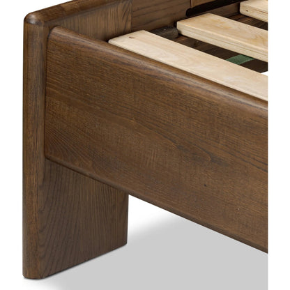 Halston Bed by Four Hands in heirloom sienna, terra brown ash, terra brown ash veneer. Made from top grain leather, solid ash, ash veneer in a modern style.