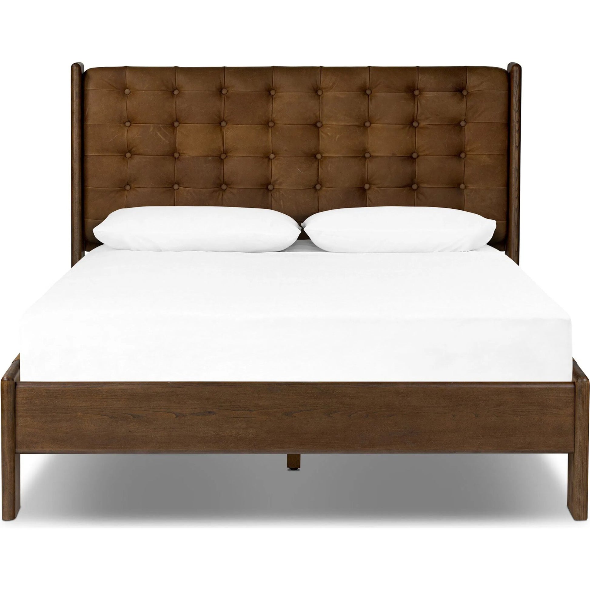 Halston Bed by Four Hands in heirloom sienna, terra brown ash, terra brown ash veneer. Made from top grain leather, solid ash, ash veneer in a modern style.