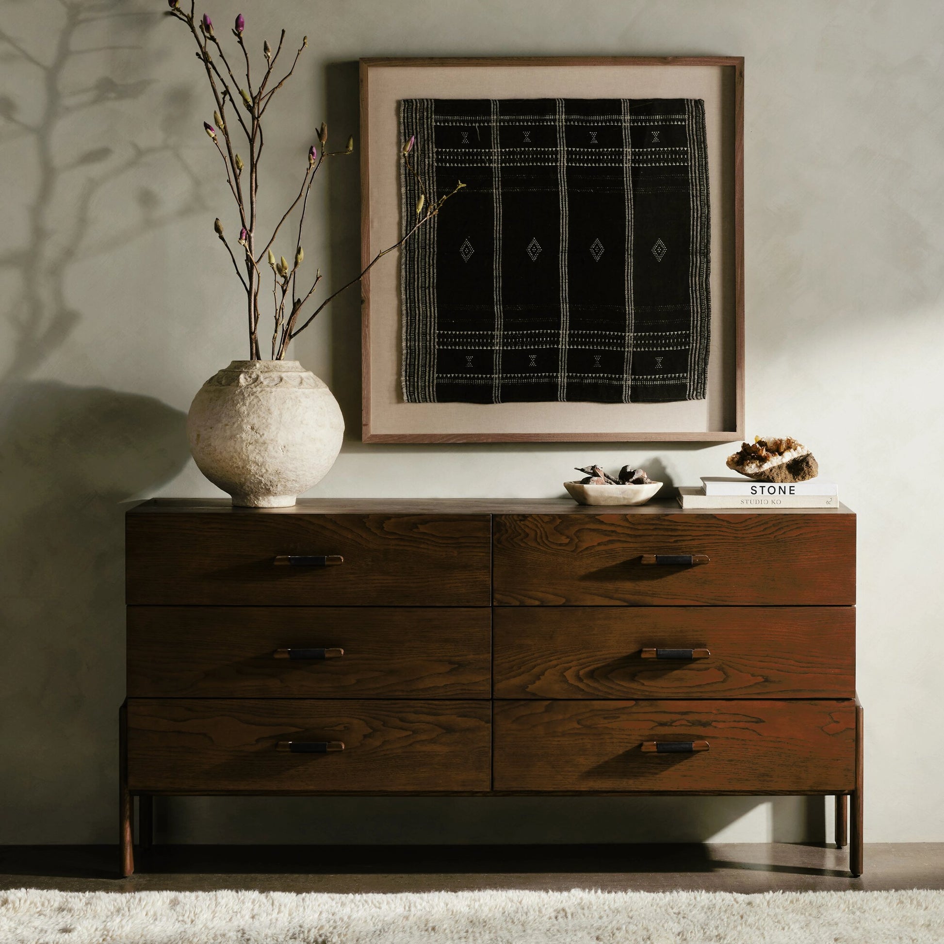 Halston 6 Drawer Dresser by Four Hands in terra brown ash. Made from solid ash, ash veneer, top grain leather in a modern style.