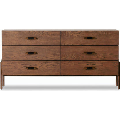 Halston 6 Drawer Dresser by Four Hands in terra brown ash. Made from solid ash, ash veneer, top grain leather in a modern style.