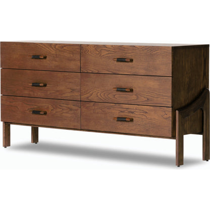 Halston 6 Drawer Dresser by Four Hands in terra brown ash. Made from solid ash, ash veneer, top grain leather in a modern style.
