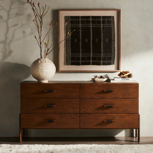 Halston 6 Drawer Dresser by Four Hands in terra brown ash. Made from solid ash, ash veneer, top grain leather in a modern style.