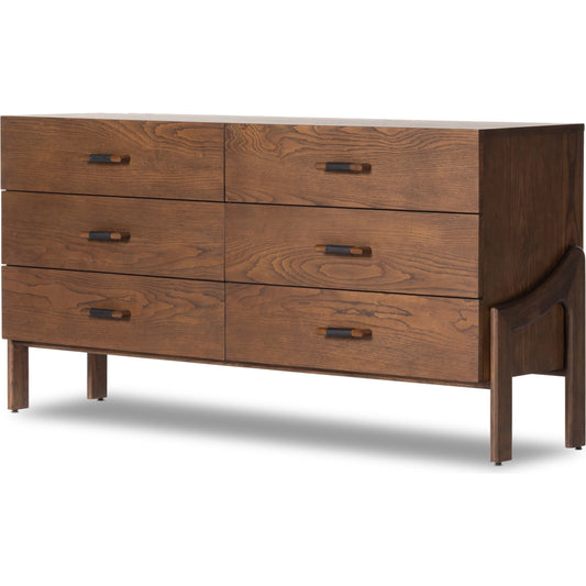 Halston 6 Drawer Dresser by Four Hands in terra brown ash. Made from solid ash, ash veneer, top grain leather in a modern style.