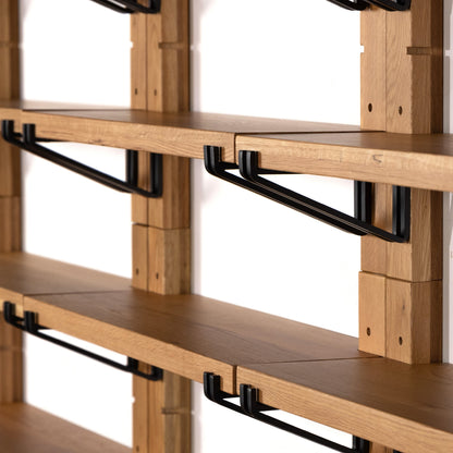 Pivott Shelf by Four Hands in dark iron, natural oak. Made from iron, oak veneer, solid oak in a rustic style.