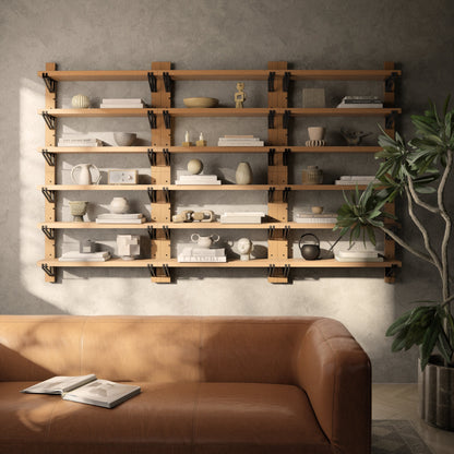 Pivott Shelf by Four Hands in dark iron, natural oak. Made from iron, oak veneer, solid oak in a rustic style.